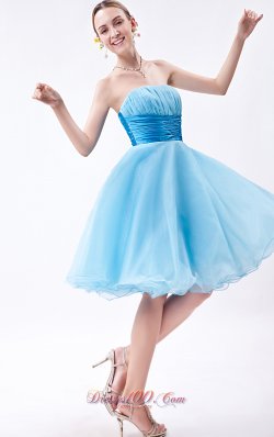 Baby Blue Knee-length Ruch Bridesmaid Dress