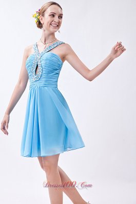 Empire V-neck with Keyhole Prom Dress Beading Mini