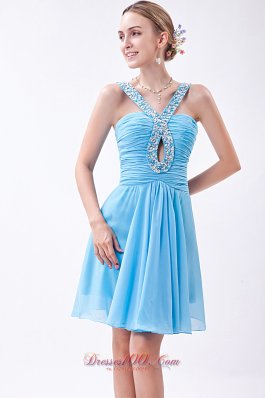 Empire V-neck with Keyhole Prom Dress Beading Mini