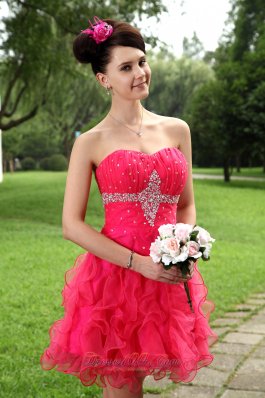 Coral Beading Cocktail Party Dress Winding Ruffles