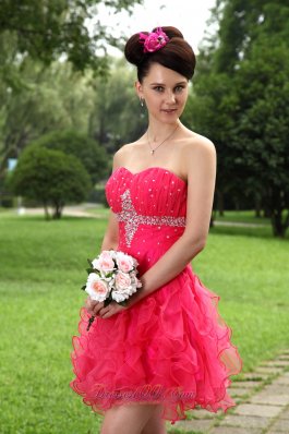 Coral Beading Cocktail Party Dress Winding Ruffles