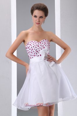 Red Beading White Prom Party Dress Mini Taffeta and Chiffon