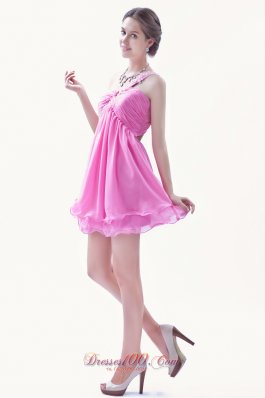 Rose Pink Beading Prom Dress One Shoulder Mini