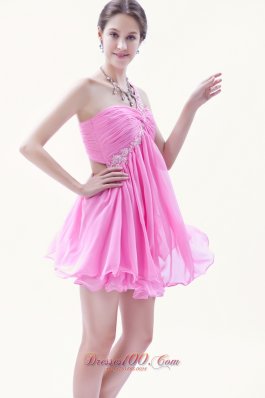 Rose Pink Beading Prom Dress One Shoulder Mini