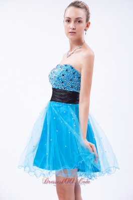 Sky Blue Beading Mini Black Prom Dress