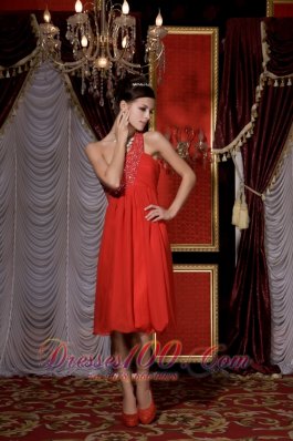 Red Empire Prom / Homecoming Dress Beading Tea-length