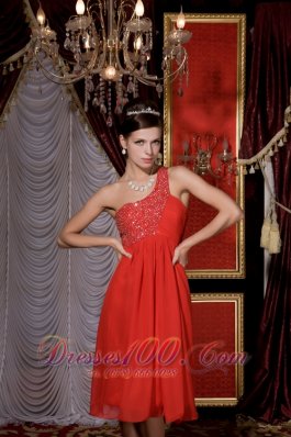 Red Empire Prom / Homecoming Dress Beading Tea-length