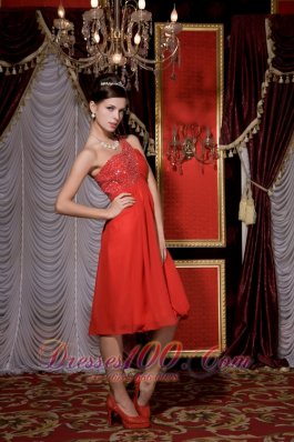 Red Empire Prom / Homecoming Dress Beading Tea-length