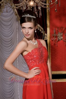 Red Empire Prom / Homecoming Dress Beading Tea-length