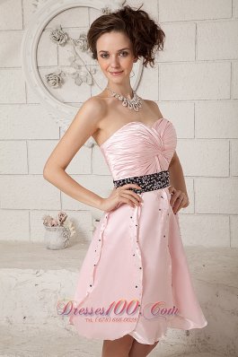 Baby Pink Short Homecoming Dress Black Sash Beading