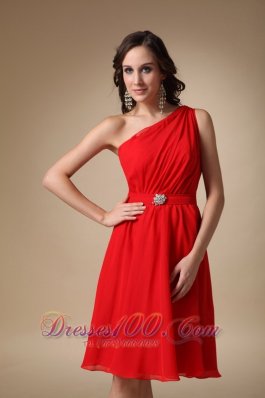 One Shoulder Knee-length Ruched Beading Prom Dress