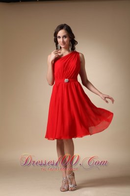 One Shoulder Knee-length Ruched Beading Prom Dress