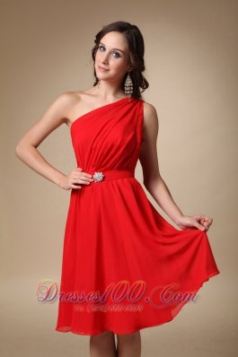 One Shoulder Knee-length Ruched Beading Prom Dress