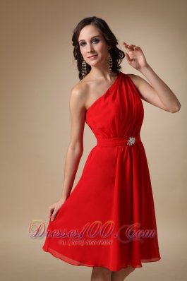 One Shoulder Knee-length Ruched Beading Prom Dress