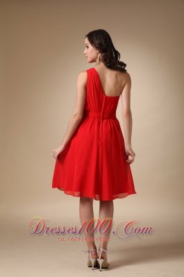 One Shoulder Knee-length Ruched Beading Prom Dress