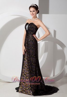 Printing Beaded Black Sweetheart Prom Evening Dress