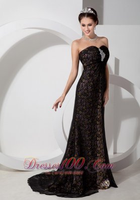 Printing Beaded Black Sweetheart Prom Evening Dress