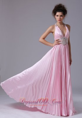 Beaded Halter Ruffles Train Pink Prom Homecoming Dress