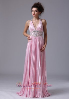 Beaded Halter Ruffles Train Pink Prom Homecoming Dress