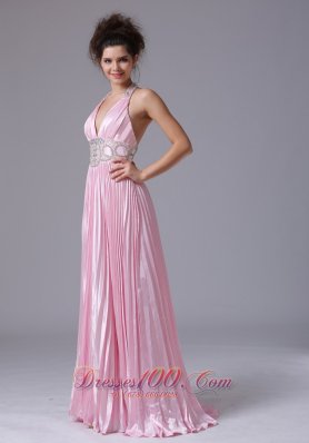 Beaded Halter Ruffles Train Pink Prom Homecoming Dress