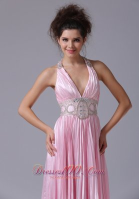 Beaded Halter Ruffles Train Pink Prom Homecoming Dress