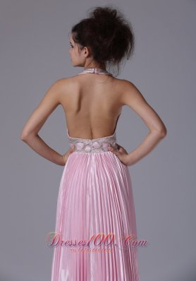 Beaded Halter Ruffles Train Pink Prom Homecoming Dress