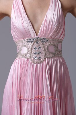 Beaded Halter Ruffles Train Pink Prom Homecoming Dress