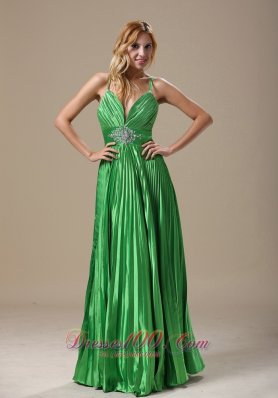 Spaghetti Straps Spring Green Pleat Prom Evening Dress