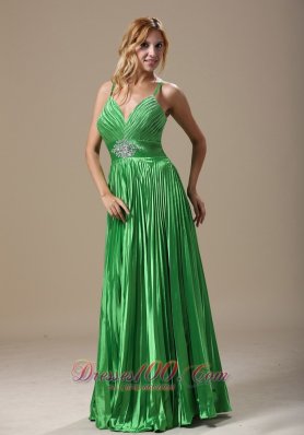 Spaghetti Straps Spring Green Pleat Prom Evening Dress