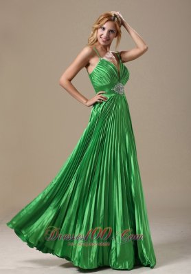 Spaghetti Straps Spring Green Pleat Prom Evening Dress