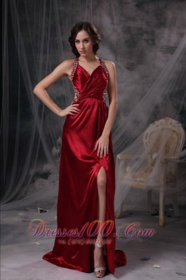 V-neck Ruch Wine Red Celebrity Prom Dress Beaded