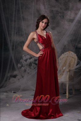 V-neck Ruch Wine Red Celebrity Prom Dress Beaded