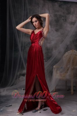 V-neck Ruch Wine Red Celebrity Prom Dress Beaded