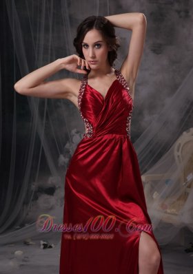 V-neck Ruch Wine Red Celebrity Prom Dress Beaded