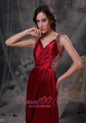 V-neck Ruch Wine Red Celebrity Prom Dress Beaded