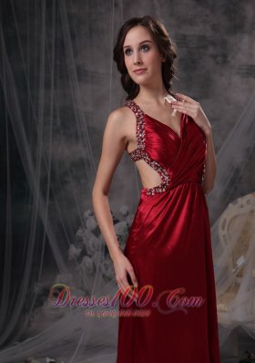 V-neck Ruch Wine Red Celebrity Prom Dress Beaded