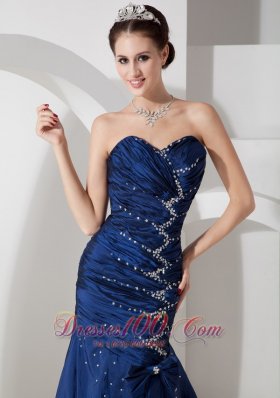 Mermaid Beading Sweetheart Blue Prom Evening Dress Ruch