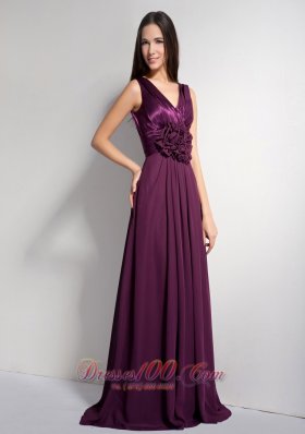 Dark Purple V-neck Brush Mother of Bride Dresses