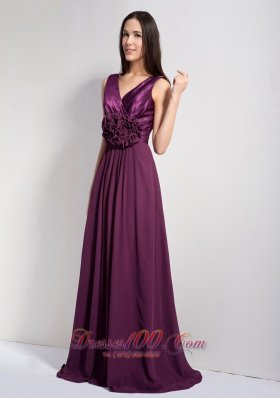 Dark Purple V-neck Brush Mother of Bride Dresses