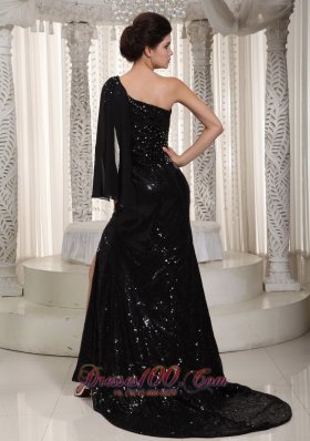 Sequin One Shoulder Watteau Train Black Prom Evening Dress