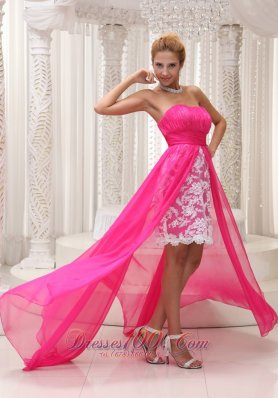 Lace High Low Ruched Hot Pink Prom Homecoming Dress