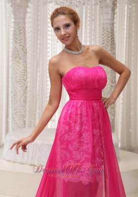 Lace High Low Ruched Hot Pink Prom Homecoming Dress