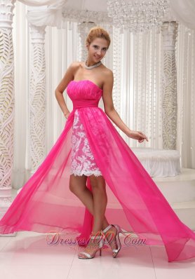 Lace High Low Ruched Hot Pink Prom Homecoming Dress