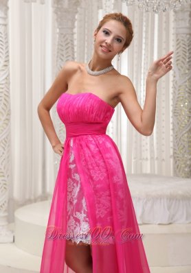 Lace High Low Ruched Hot Pink Prom Homecoming Dress