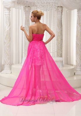 Lace High Low Ruched Hot Pink Prom Homecoming Dress