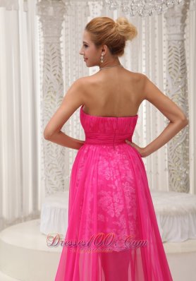 Lace High Low Ruched Hot Pink Prom Homecoming Dress