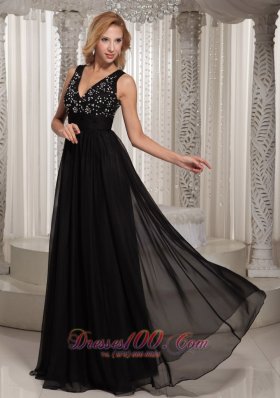 V Neck Beaded Black Prom Celebrity Dress Chiffon