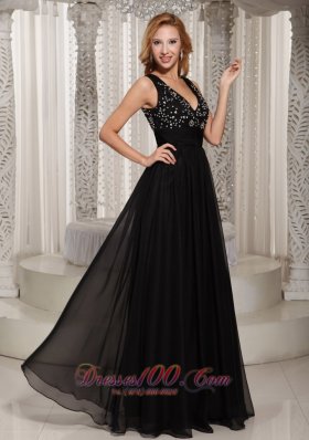 V Neck Beaded Black Prom Celebrity Dress Chiffon