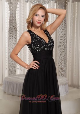 V Neck Beaded Black Prom Celebrity Dress Chiffon