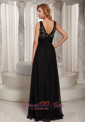 V Neck Beaded Black Prom Celebrity Dress Chiffon